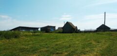 A house is for sale. A hangar, a plot of land for farming.